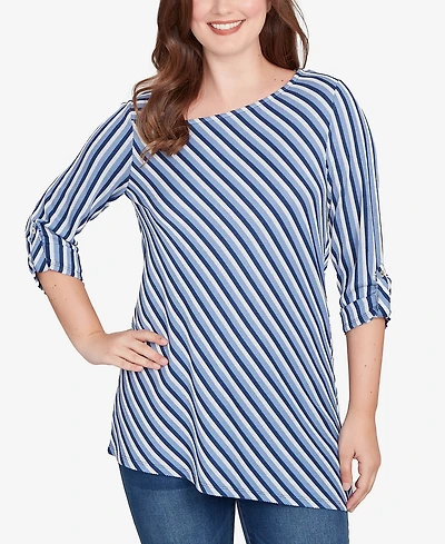 Ruby Rd. Petite Textured Stripe Roll Tab Sleeve Top