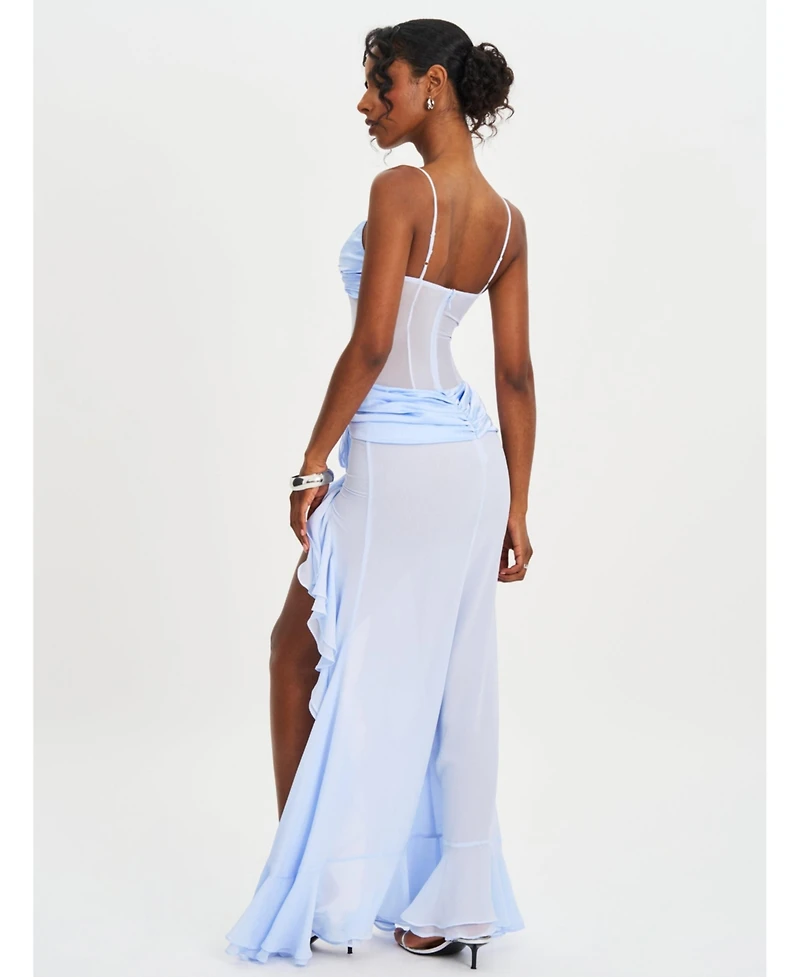 Miss Circle Women Lacy Blue Ruched Breast High Slit Chiffon Dress