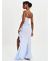 Miss Circle Women Lacy Blue Ruched Breast High Slit Chiffon Dress