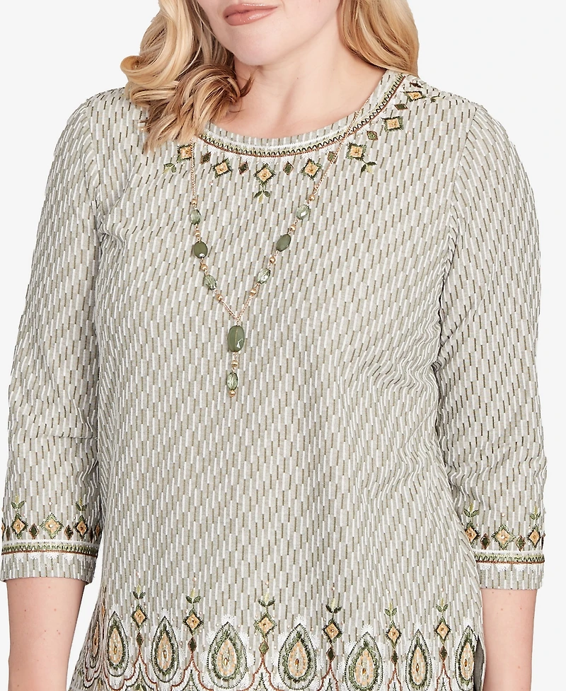 Alfred Dunner Petite Mount Laurel Textured Medallion Border Top with Necklace