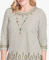 Alfred Dunner Petite Mount Laurel Textured Medallion Border Top with Necklace