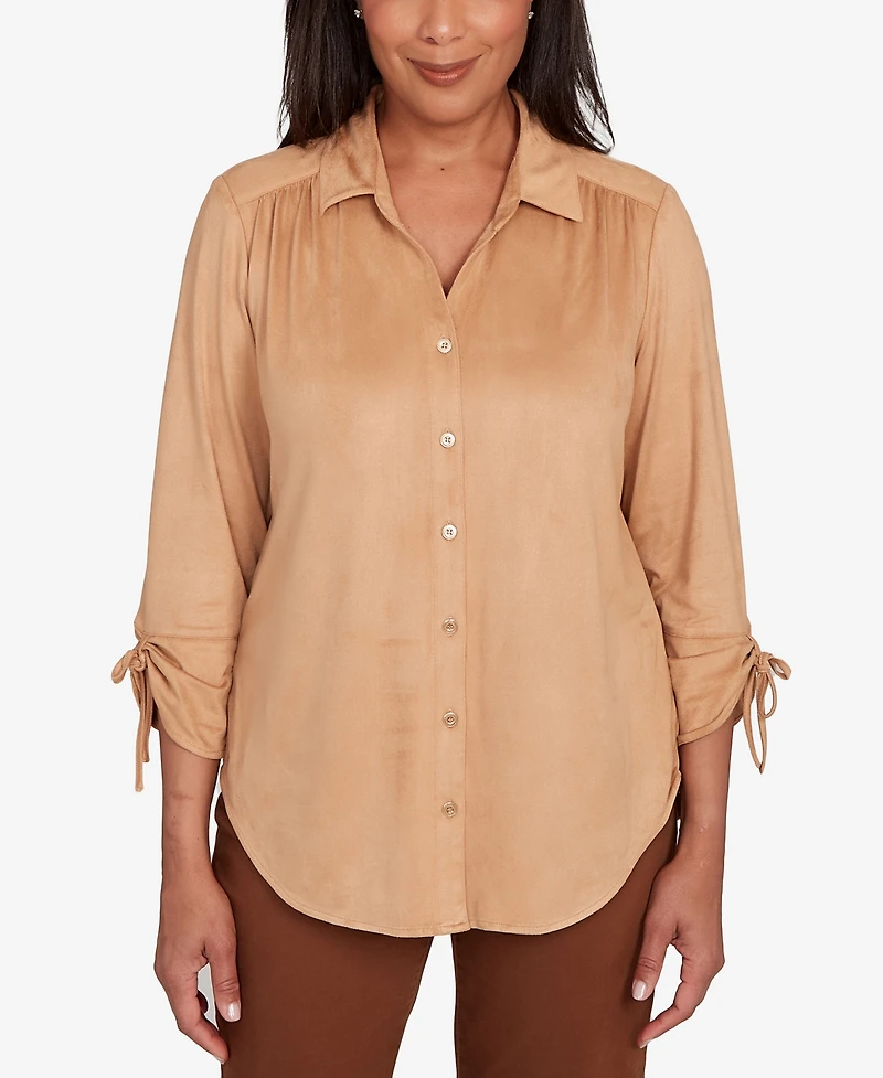 Alfred Dunner Petite Mount Laurel Button Front Faux Suede Top