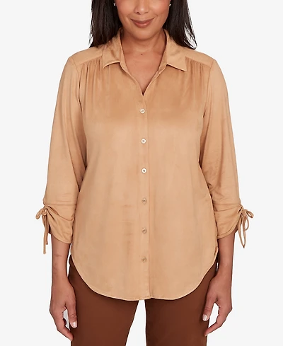 Alfred Dunner Petite Mount Laurel Button Front Faux Suede Top