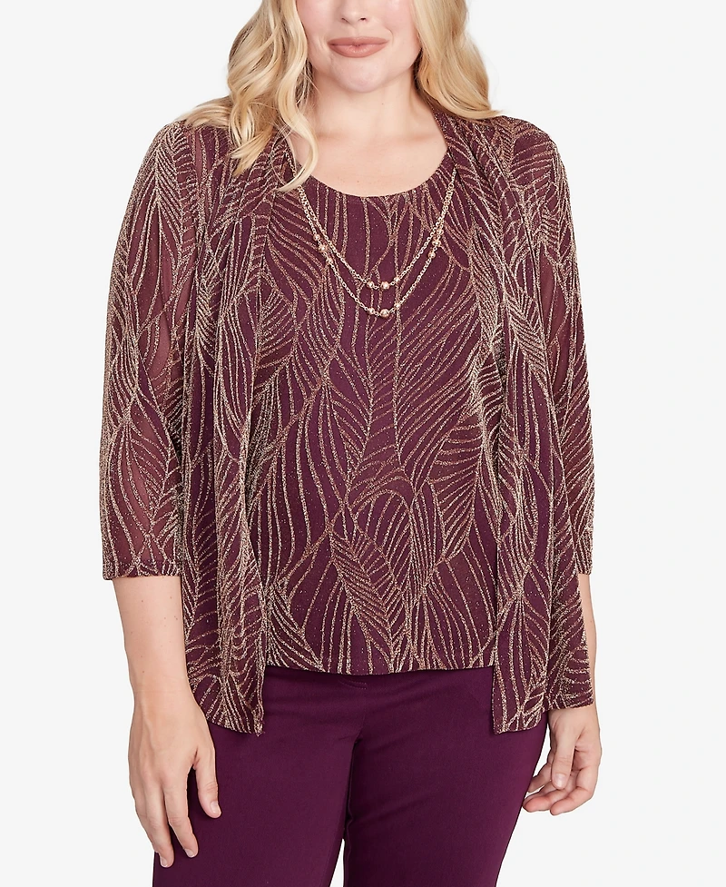 Alfred Dunner Petite Urban Legend Glitter Leaf Two One Top with Necklace