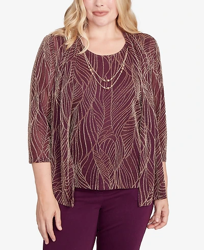 Alfred Dunner Petite Urban Legend Glitter Leaf Two One Top with Necklace