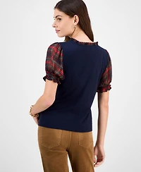 Tommy Hilfiger Women's Mixed-Media Plaid Puff-Sleeve Top