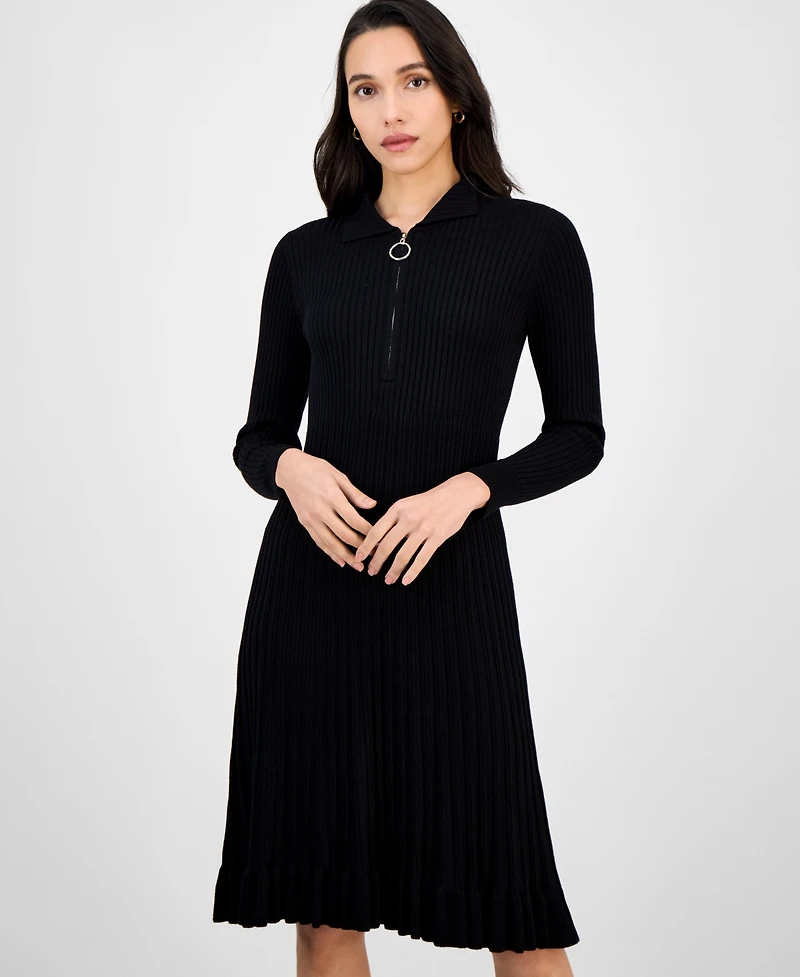 Robbie Bee Women's Spread-Collar Long-Sleeve Sweater Dress