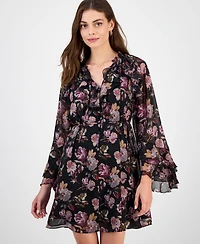 Sam Edelman Women's Flare-Sleeve Ruffled Dark Rose Mini Dress