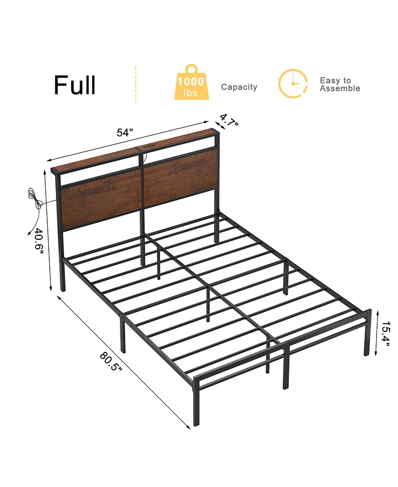 Hausource Vintage Full Size Bed Frame with Storage Led Headboard, No Box Spring Needed