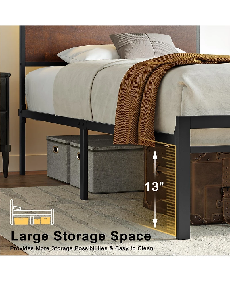 Hausource Industrial Twin Size Bed Frame with Storage Led Headboard, Charging Station, No Box Spring Needed