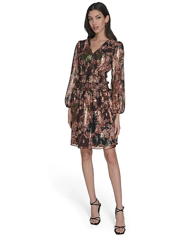 Eliza J Women's V-Neck Metallic-Chiffon Balloon-Sleeve Dress