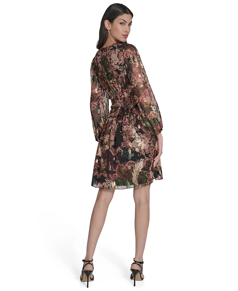 Eliza J Women's V-Neck Metallic-Chiffon Balloon-Sleeve Dress