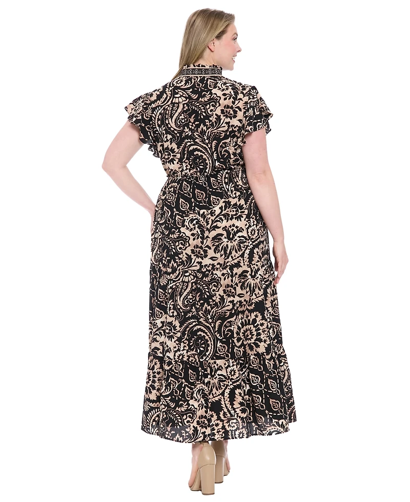 London Times Plus Slit Neck Print Maxi Dress