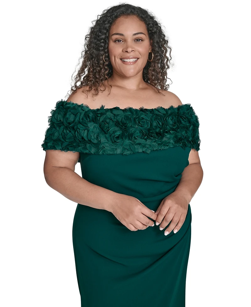 Eliza J Plus Rosette-Trim Off-The-Shoulder Evening Gown
