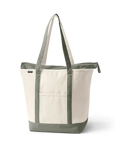 Lands End Large 5 Pocket Zip Top Long Handle Canvas Tote Bag