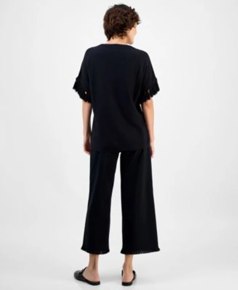 Jm Collection Womens Embroidered Fringe Trim Poncho Top High Rise Fringe Hem Capri Pants Macys Exclusive