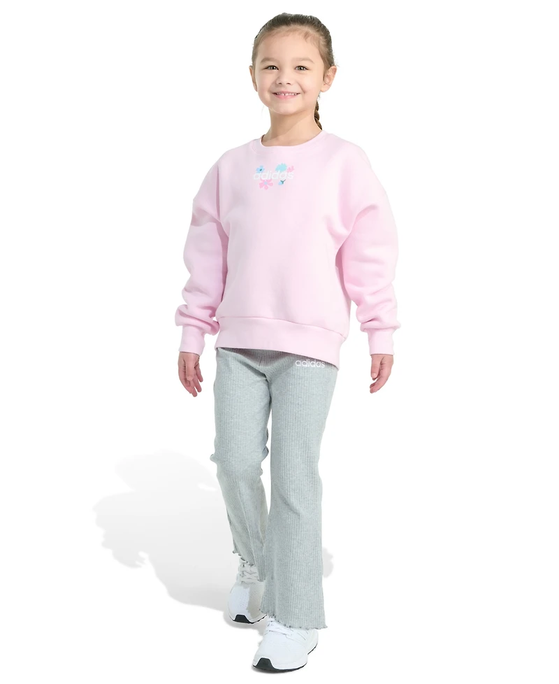 adidas Toddler and Little Girls 2-Piece Crewneck Fleece Pull-On Sweatshirt Ribbed Flare Pant Set