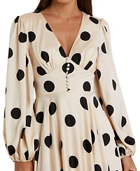 Mac Duggal Women's Polka Dot Charmeuse Long Sleeve V Neck Midi Dress