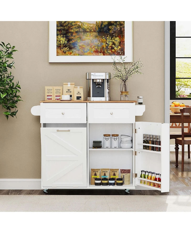 Costway Rolling Kitchen Island Kitchen Island Cart with Drop Leaf Trash Can Cabinet