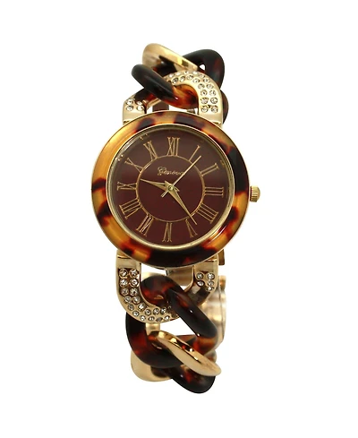 Olivia Pratt Brown Gold and Rhinestones Chain Tortoise Strap Women Watch
