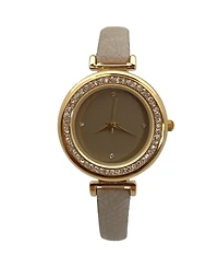 Olivia Pratt Taupe Thin Solid Color Strap and Rhinestones Women Watch