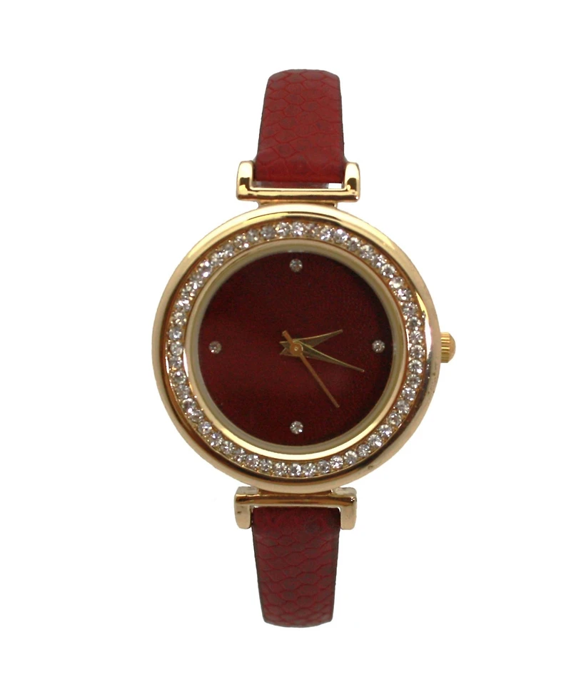Olivia Pratt Burgundy Thin Solid Color Strap and Rhinestones Women Watch