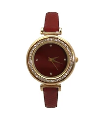 Olivia Pratt Burgundy Thin Solid Color Strap and Rhinestones Women Watch
