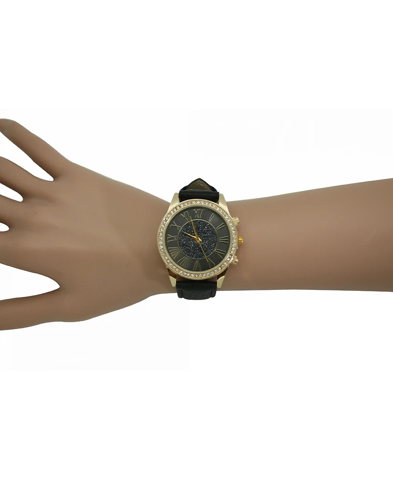 Black Glitter And Gold Detail Leather Strap Watch