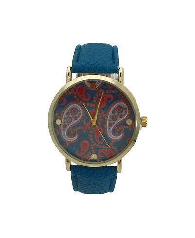 Blue Paisley Face Leather Strap Watch