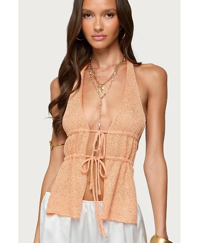 Edikted Womens Sequin Knit Split Front Backless Top