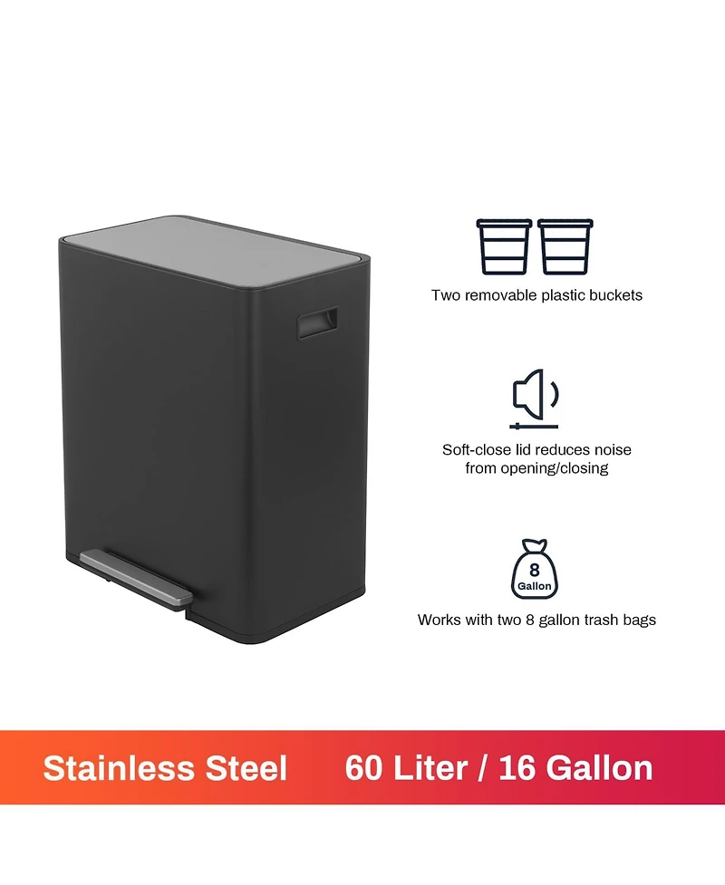 Rectangular Stainless-Steel-Made Matt Black Recycle Step-on Trash Can with Dual 30 liter + Compartments for Kitchen