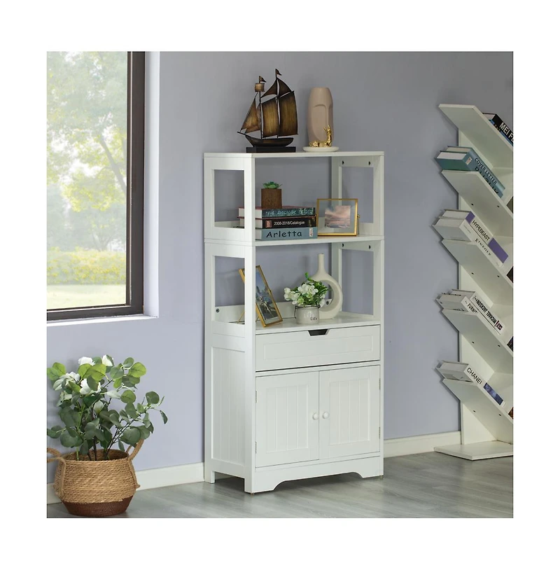 Basicwise Tall Freestanding Wooden Storage Vanity, Kitchen Pantry, and Bathroom Cabinet Organizer, with 2 Open shelves, A drawer and 2 Door Cabinet, W