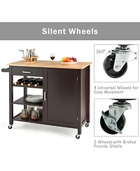 Gymax 4-Tier Wood Kitchen Island Trolley Cart Storage Cabinet w/ Wine Rack & Drawer