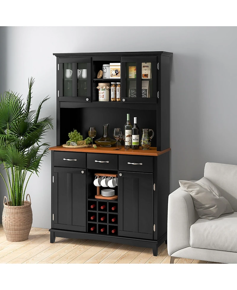 Gymax Buffet And Hutch Kitchen Storage Cabinet Cupboard w/ Wine Rack & Drawers Black