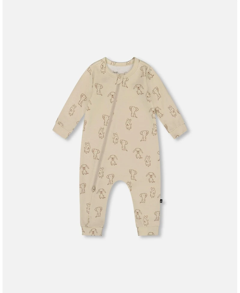 Deux par Deux Baby Boy Cotton Zipped Romper Beige Puppy Print - Baby