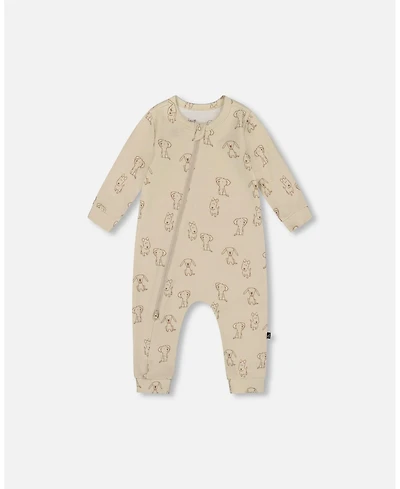 Deux par Deux Baby Boy Cotton Zipped Romper Beige Puppy Print - Baby