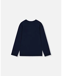 Deux par Girl Cotton T-Shirt Dark Blue with Cat