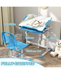 Qaba Height Adjustable Kids Desk and Chairs Set with Tilt Desktop,