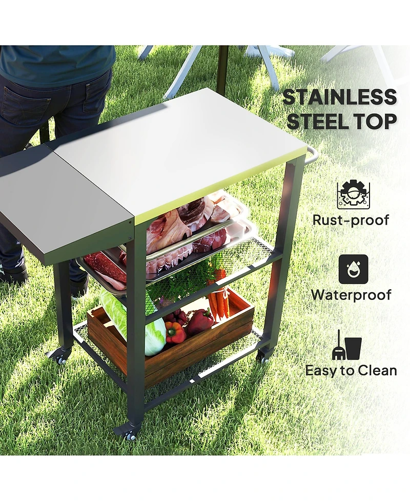 Outsunny 3-Shelf Outdoor Grill Cart Table with Foldable Side Table,