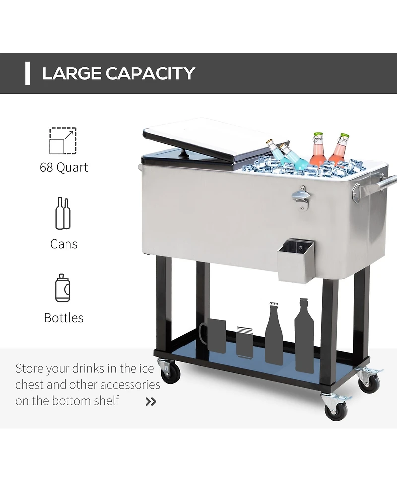 Outdoor 80 Quart Portable Rolling Patio Steel Party Cooler Cart Ice Chest