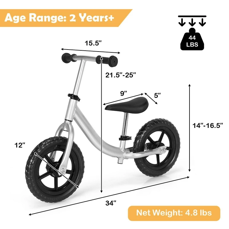 Aluminum Adjustable No-Pedal Balance Bike for Kids - Black