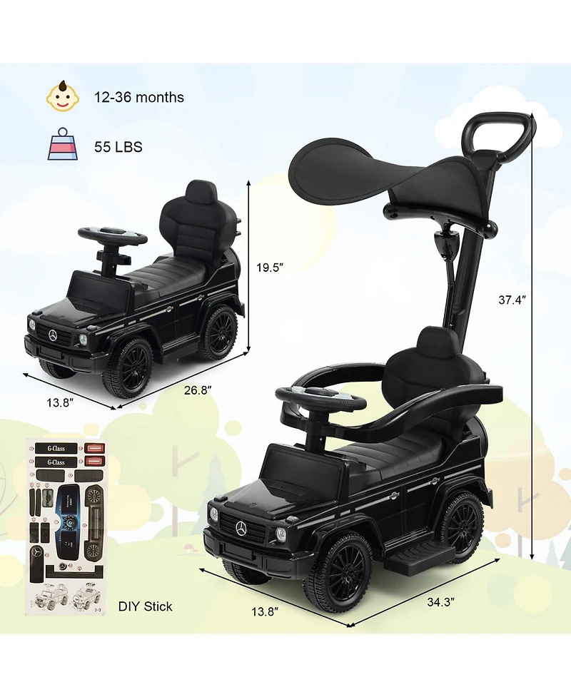 3-in-1 Ride-On Push Car Mercedes Benz G350 Stroller Sliding Car with Canopy - Black