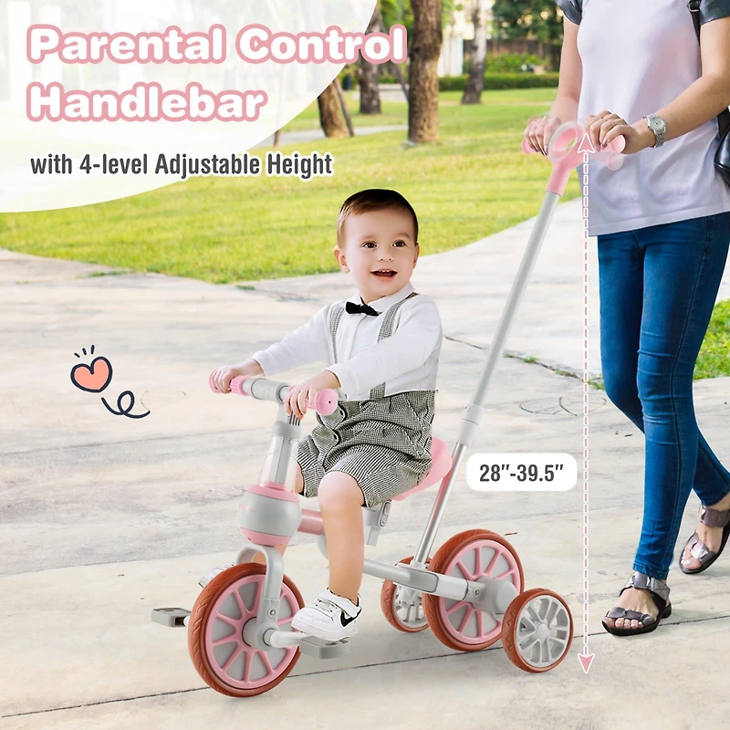 4-in-1 Kids Trike Bike with Adjustable Parent Push Handle and Seat Height - Pink
