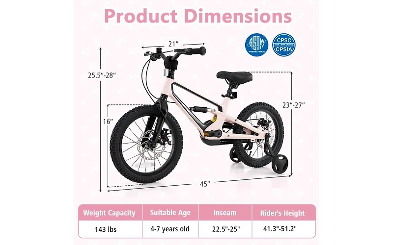 16 Inch Kids Bike Lightweight with Detachable Training Wheels for Ages 4 to 7