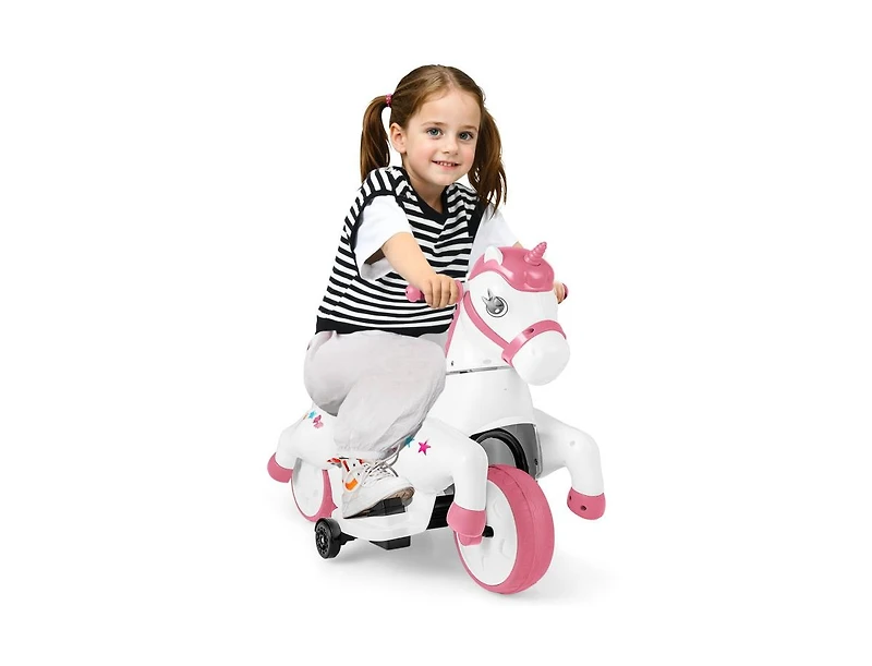 12V Unicorn Ride-On Toy with Training Wheels and Horse Riding Mode - Pink