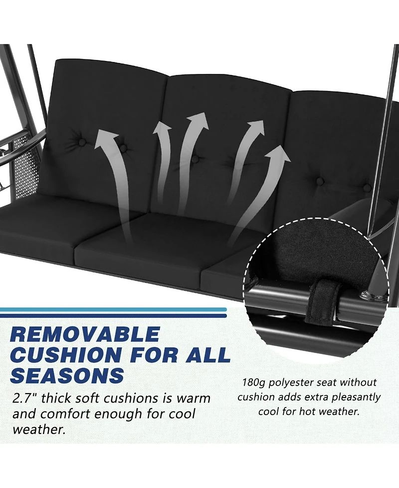 Boyel Living 3-Person Metal Patio Swing with Removable Cushion & Cup Holder Outdoor Porch Chair for Adults Garden Backyard Deck