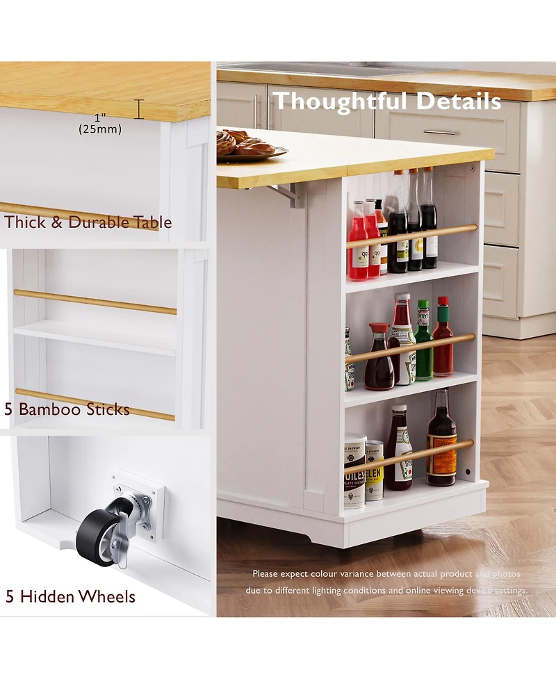 Casainc 48" Rolling Kitchen Island with Drop Leaf, Power Outlet, Internal Rack, 5 Side Racks, 5 Wheels (No Stools)