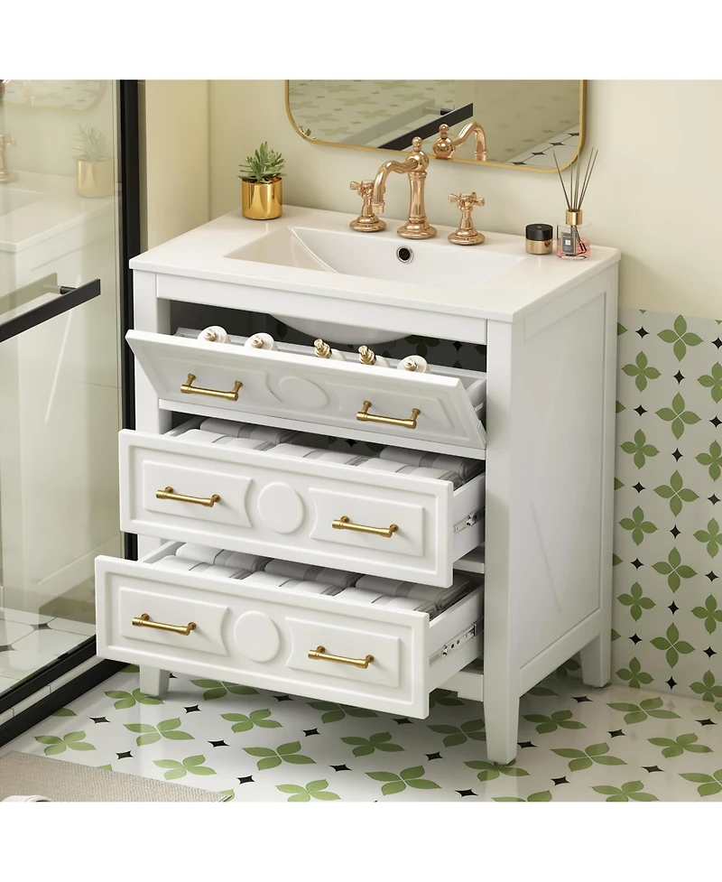 Casainc 30" Freestanding Vanity With Ceramic Sink Combo and 3 Drawers, Solid Wood Frame
