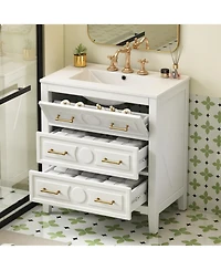Casainc 30" Freestanding Vanity With Ceramic Sink Combo and 3 Drawers, Solid Wood Frame