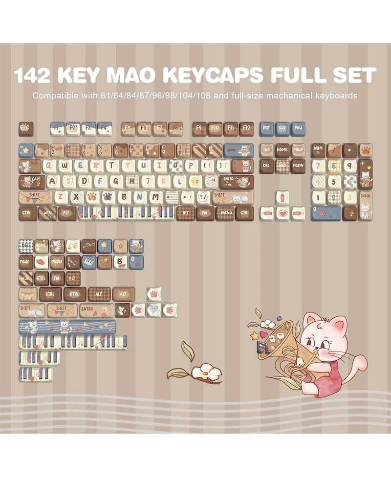 Dye-Sub Pbt Keycap Set, Mao Profile, 142 Full Keys Cute Cat Custom Keycaps with Key Puller for Cherry Gateron Mx Switches Mechanical Gaming Keyboard